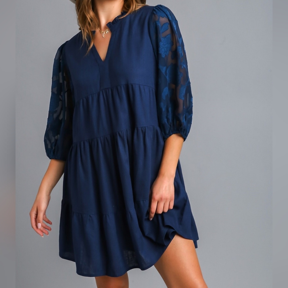 Navy Blue Tiered Dress with Sheer Sleeves
